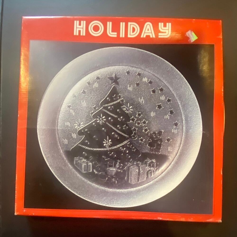 Holiday Clear Glass 13" Platter Embossed Christmas Tree & Presents –Serving Tray